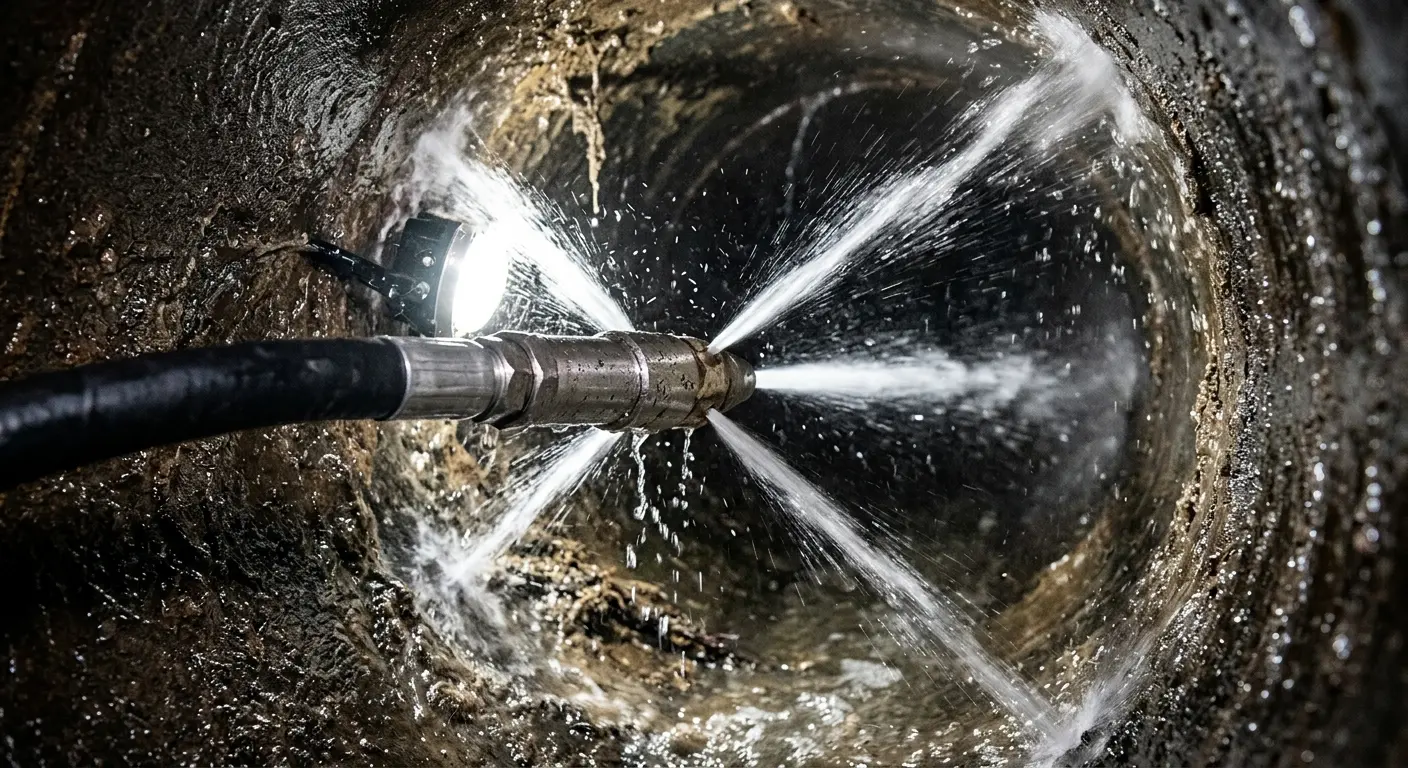 High-pressure hydro jetting nozzle cleaning sewer pipe for Sewer Line Relining in Fort Lupton