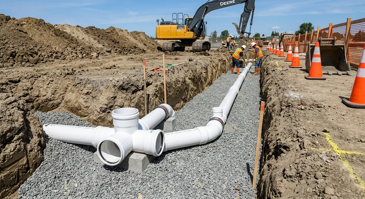 New PVC sewer pipe installation in open trench for Sewer Backup in Fort Lupton